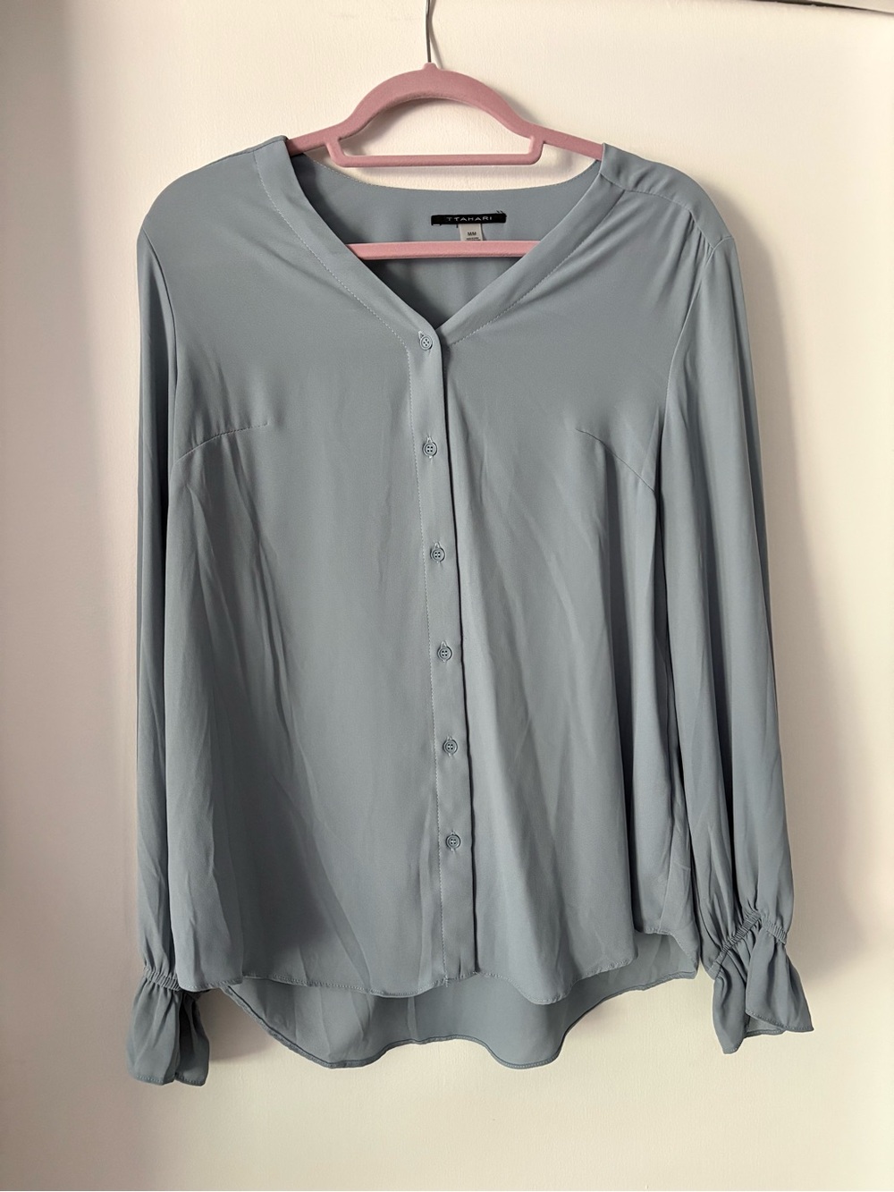 Tahari Pale Blue Button-Front V-Neck Blouse